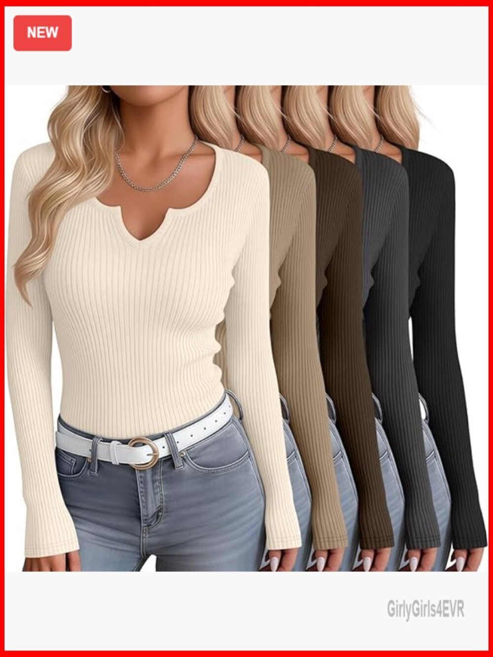 5 Pack Long Sleeve Cotton Scoop Neck Slim Fit Tees